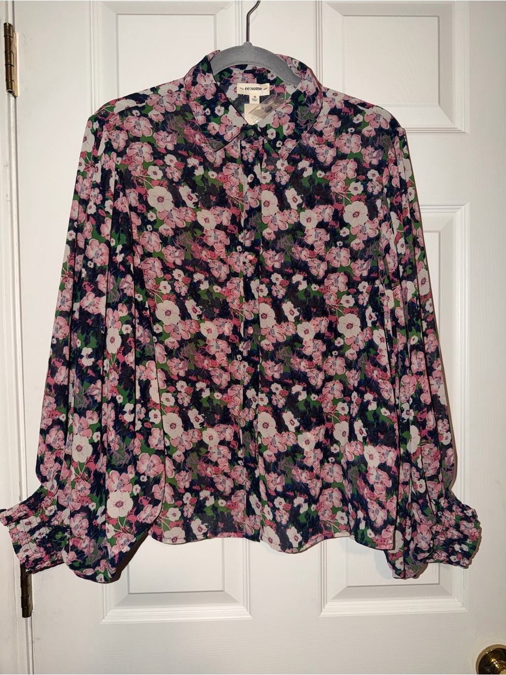 eesome Pink and Green Floral Button-Down Shirt with Balloon Sleeves